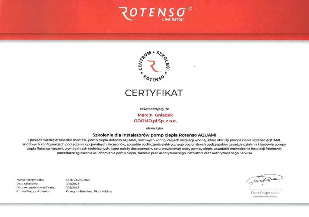 Certifikat instalator pompy ciepła Rotenso