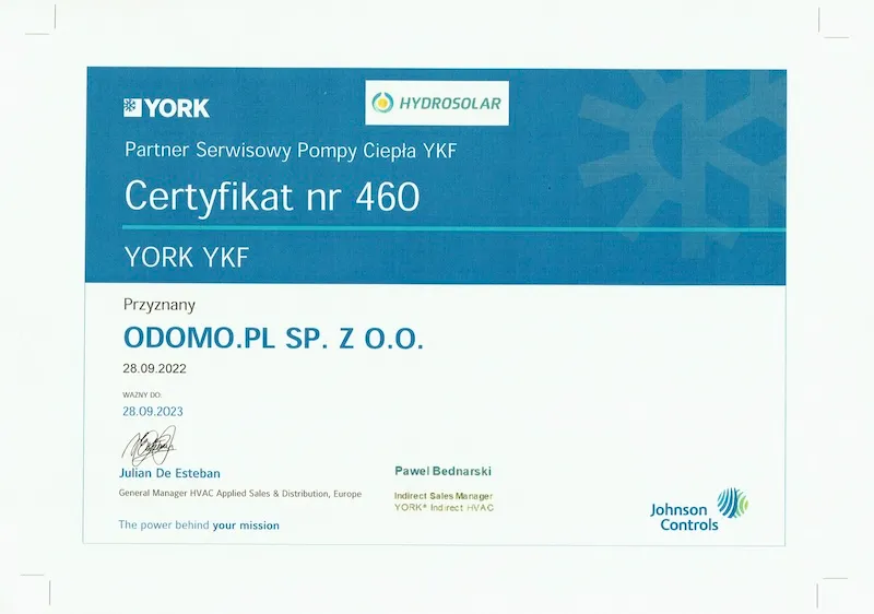 Certyfikat 460 york pompy ciepła yfk serwis hydrosolar