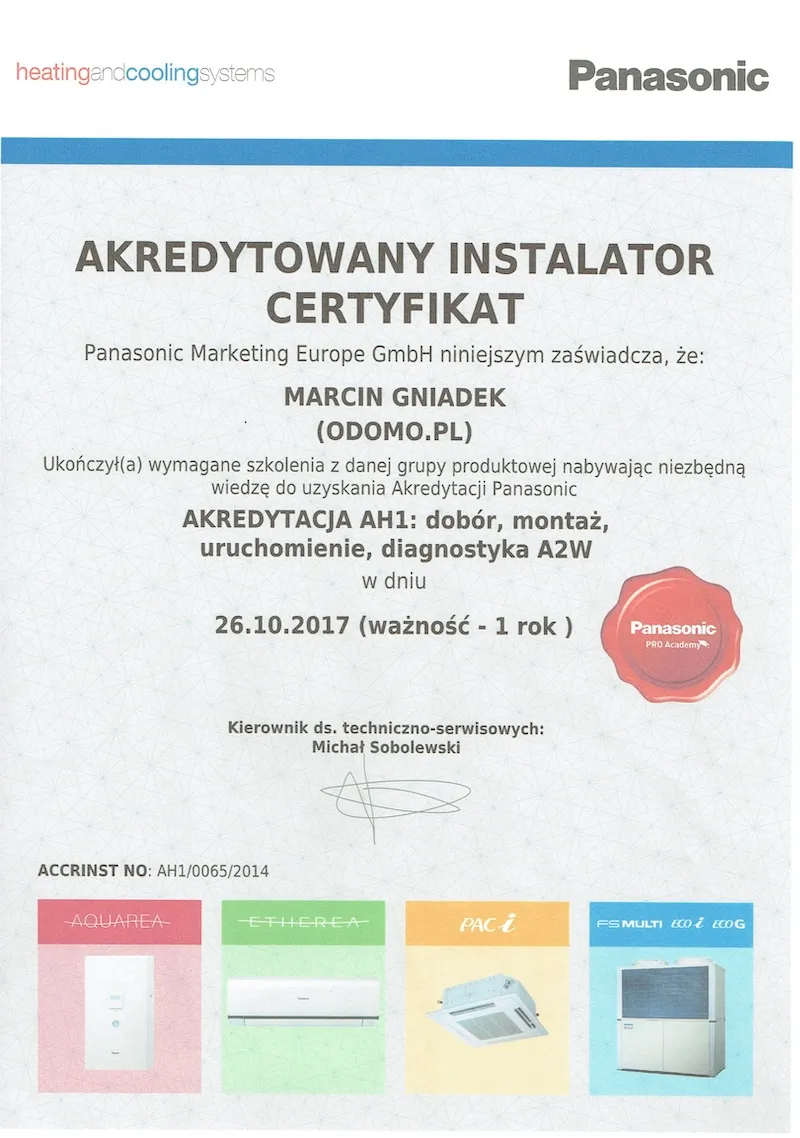 Certyfikat Panasonic pompy ciepla dobór montaż uruchomienie 2017