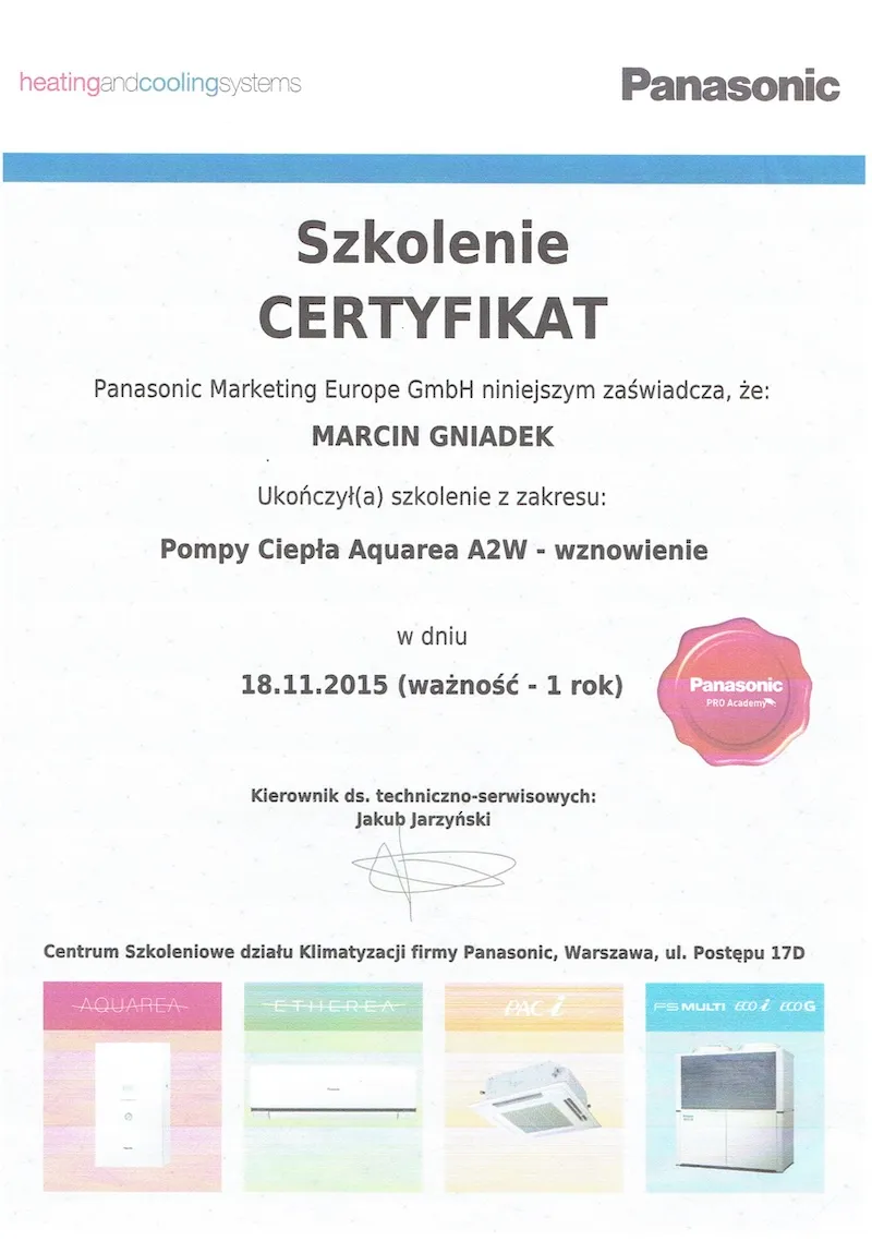 Certyfikat Panasonic pompy ciepła 2015