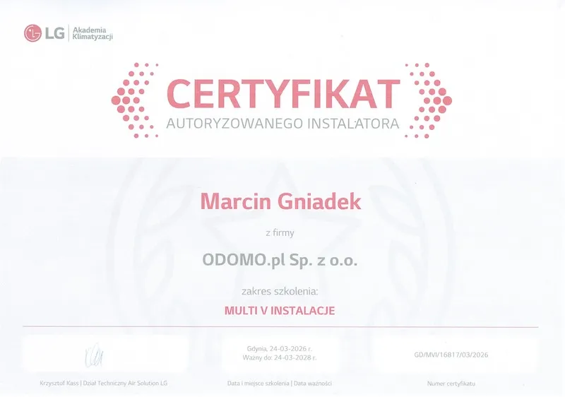 Certyfikat autoryzowany instalator LG akademia klimatyzacji multi v instalacje