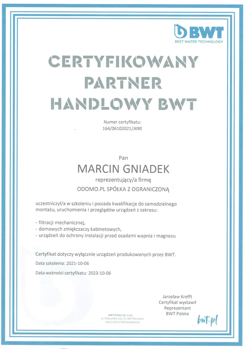 Certyfikat partner montaz u ruchomienie przegląd BWT