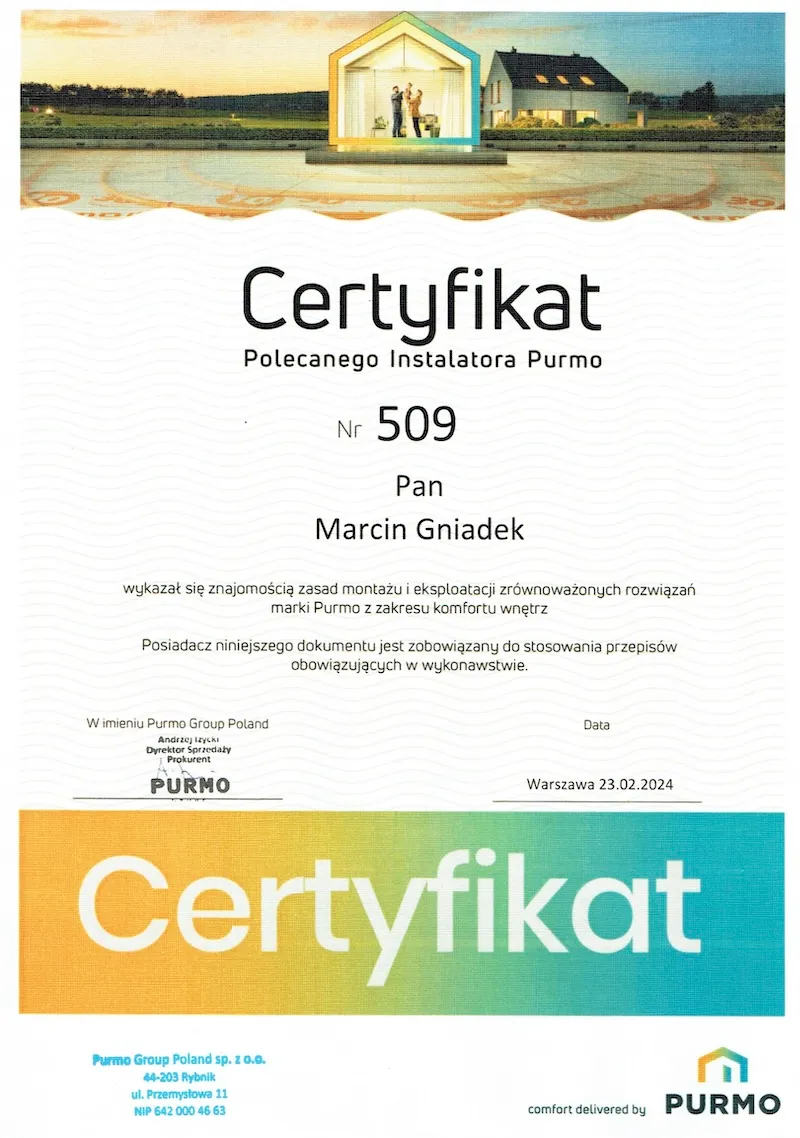 Certyfikat purmo polecany instalator montaż eksploatacja zrównoważone rozwiązania