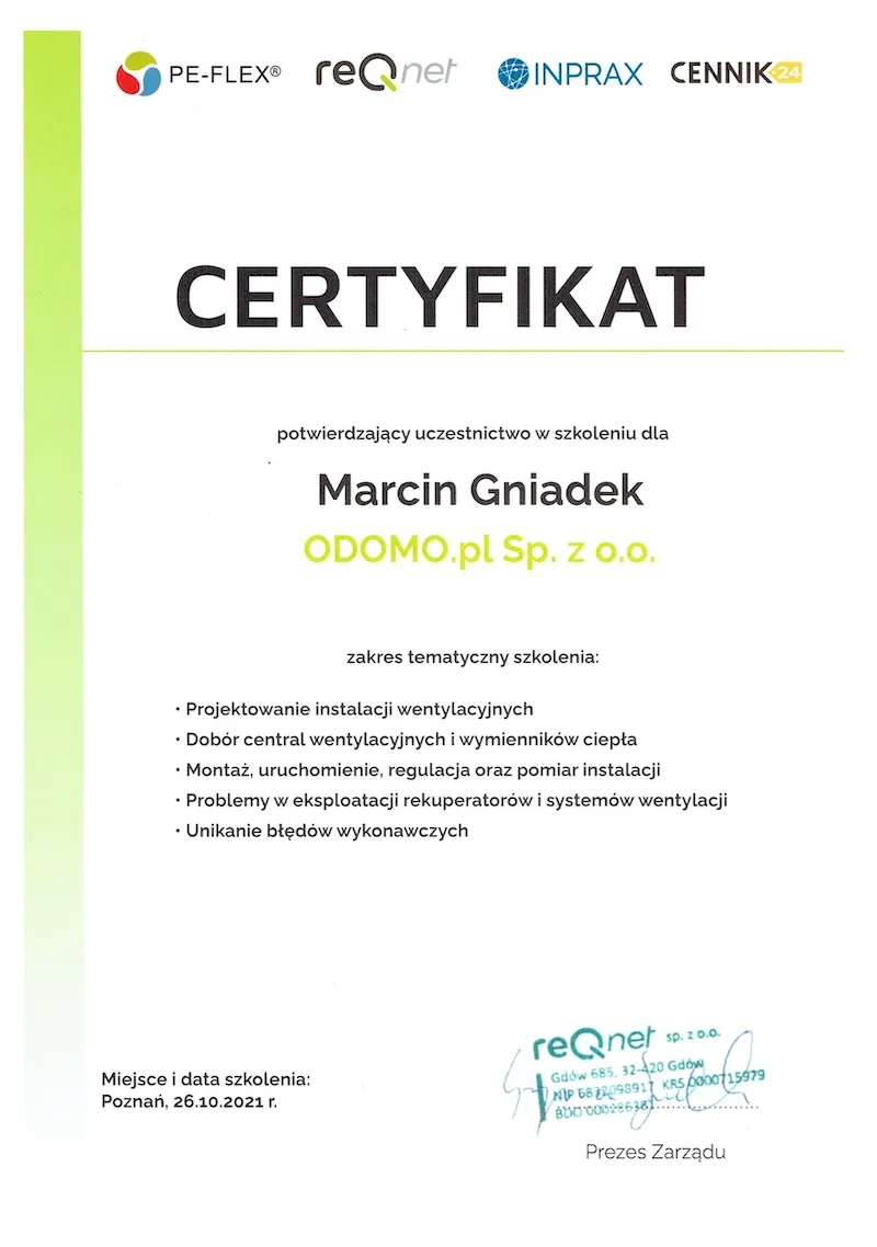 Certyfikat szkolenie pe-flex reqnet inprax instalacja wentylacji projektowanie dobór