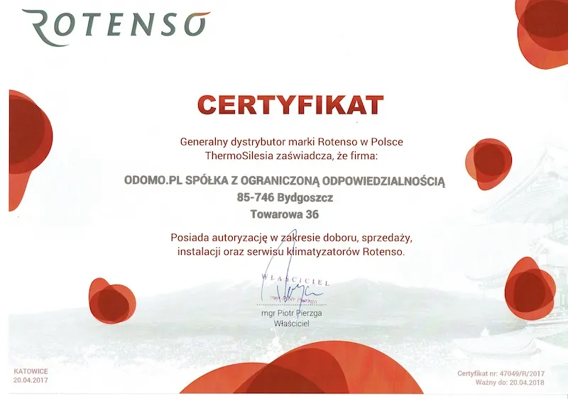Cetyfikat Rotenso thermosilesia autoryzacj a dobór sprzedaż serwis klimatyzatorów