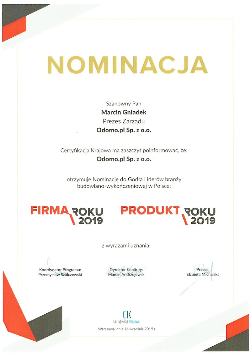 Nominacja godlo Liderow firma roku produkt roku certyfikacja krajowa