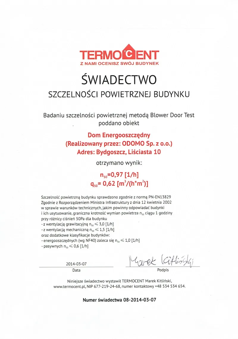 Swiadectwo szczelnosci powie trznej budynku Liściasta
