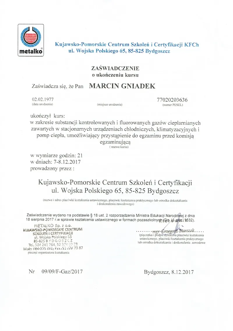 Zaswiadczenie certyfikat metalko pompy ciep ła, urządzenia chłodnicze klimatyzacyjne