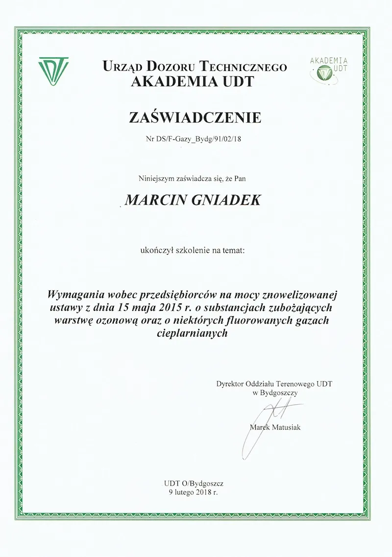 Zaswiadczenie f-gazy gazy cieplarniane, u rząd dozoru technicznego akademia udt